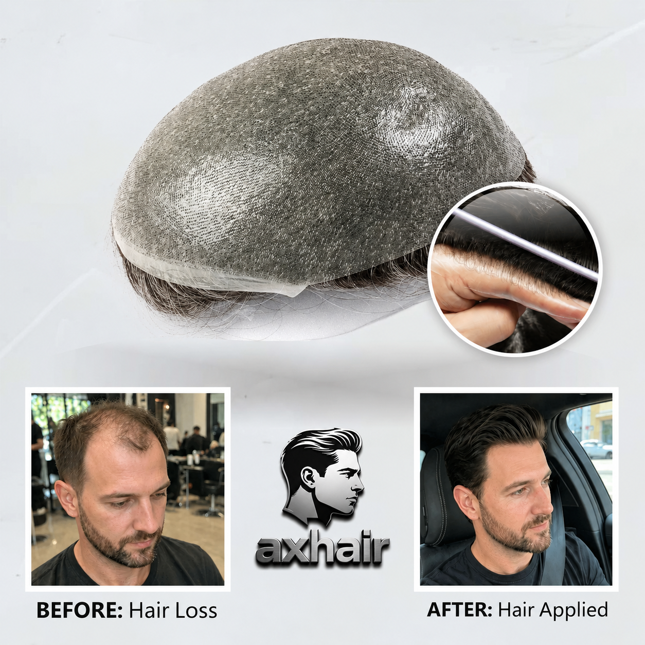 Full thin-skin toupee with natural hairline, dark hair, close-up on base attachment